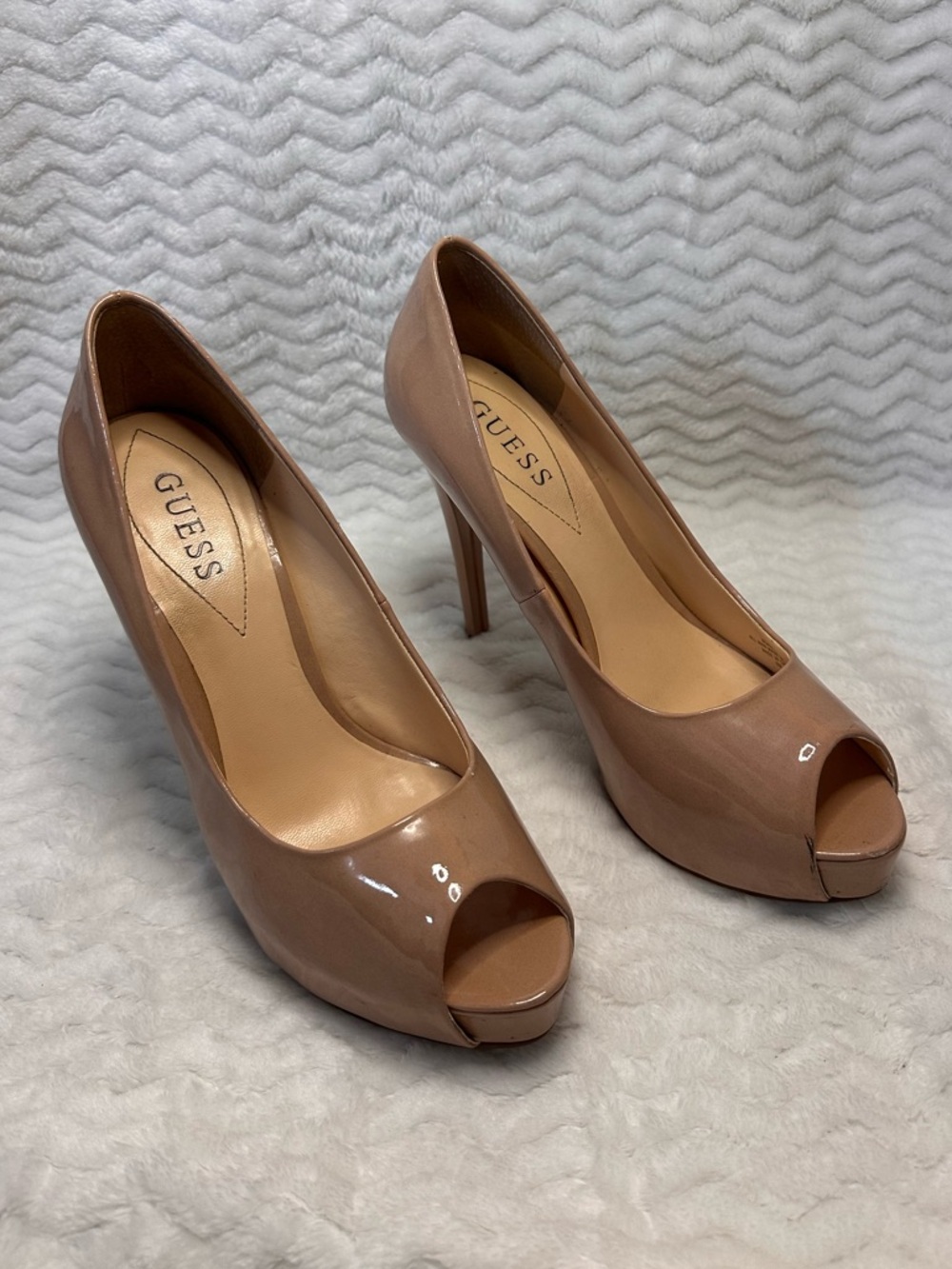 GUESS Beige Patent Peep-Toe Stiletto Pumps